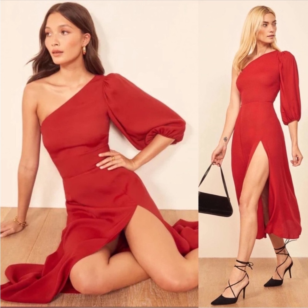 Reformation Red Lawrence One Shoulder High Slit MIDI Dress Sz 2 - Picture 4 of 10